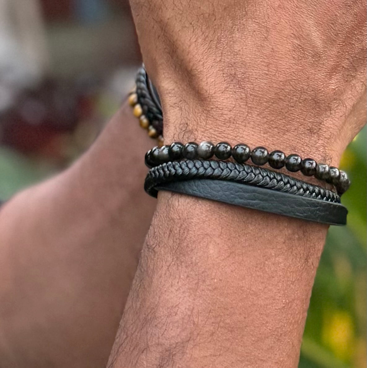 Silver Obsidian Leather Bracelet