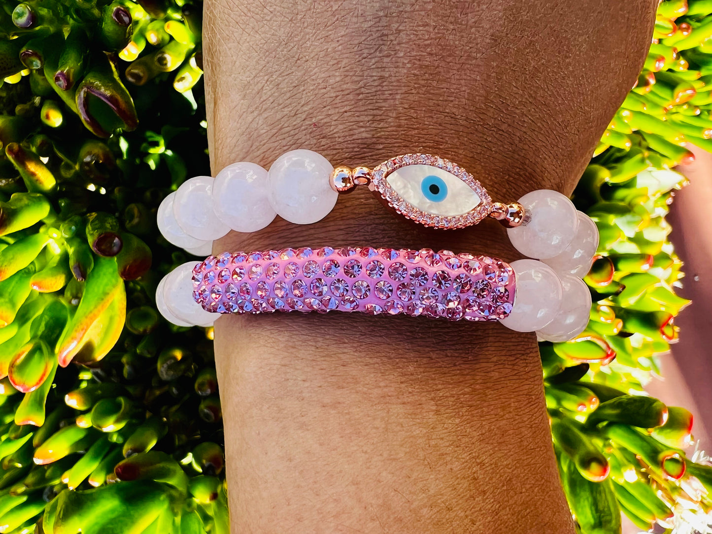 Rose Quartz Evil Eye Bead Bracelet