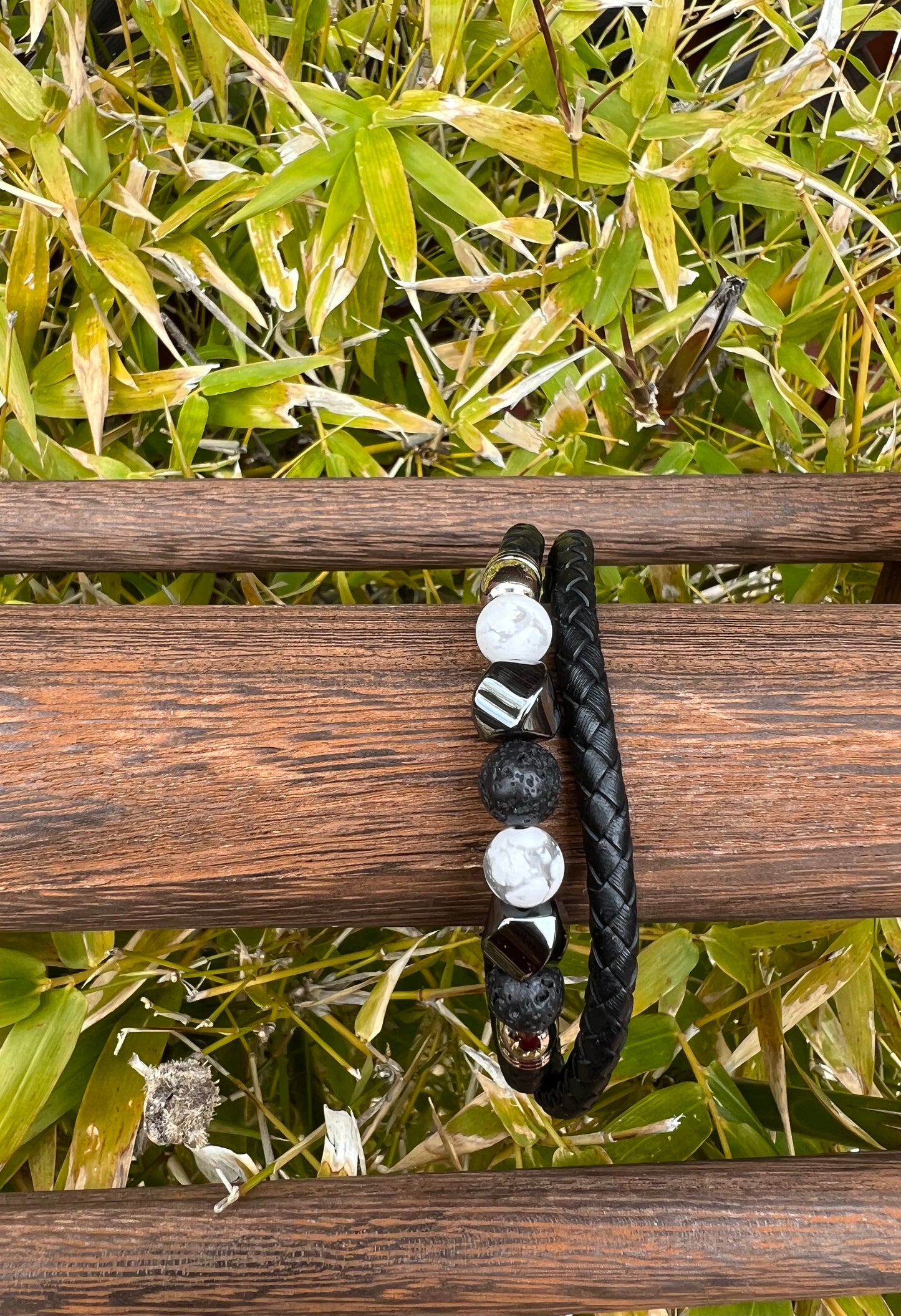 Men Lava Rock Faceted Hematite Howlite Leather
