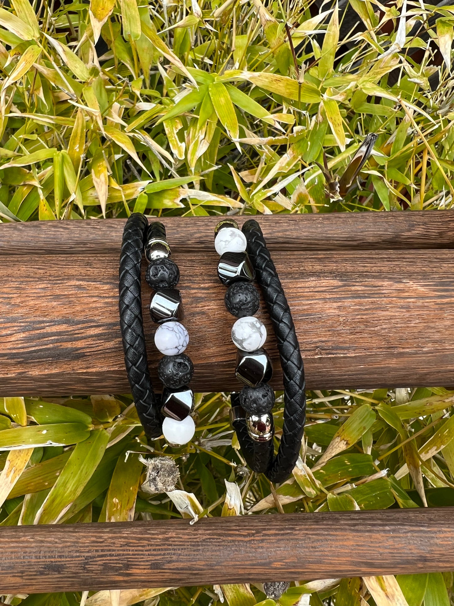 Men Lava Rock Faceted Hematite Howlite Leather