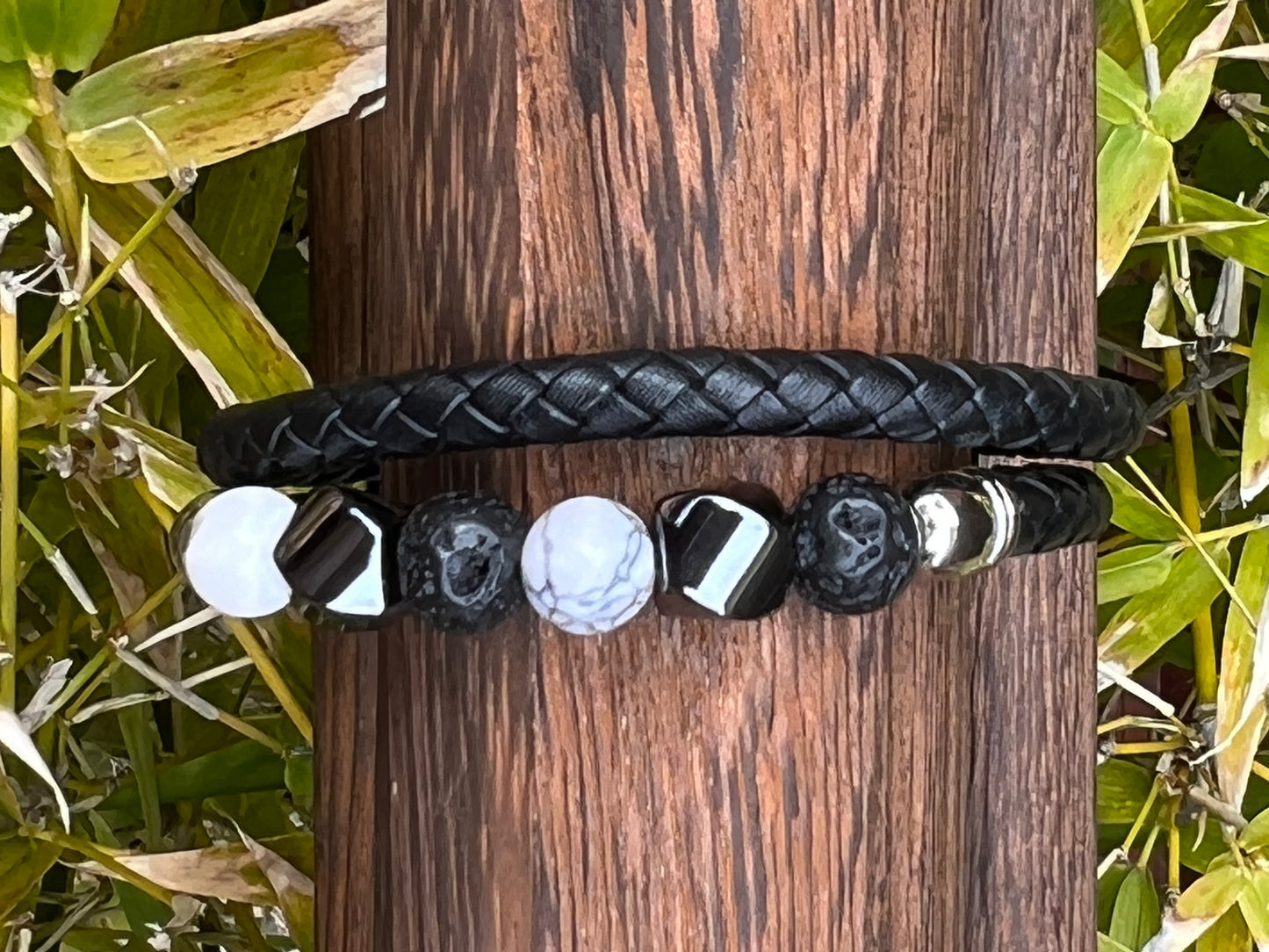 Men Lava Rock Faceted Hematite Howlite Leather
