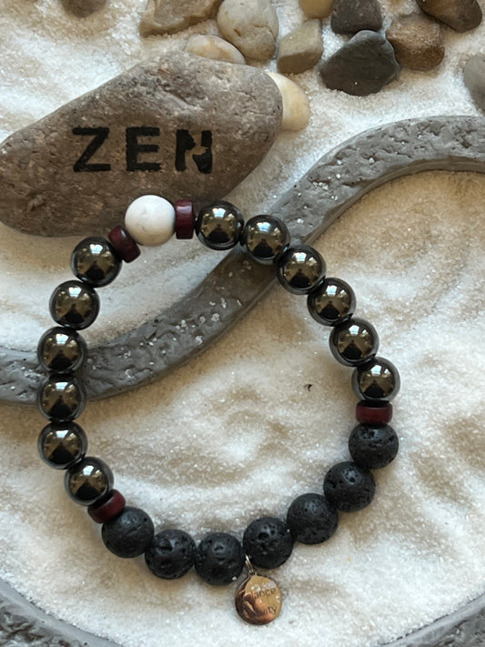 Hematite Lava with Howlite Bead and Red Wood