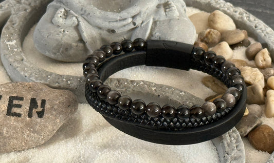 Silver Obsidian Leather Bracelet