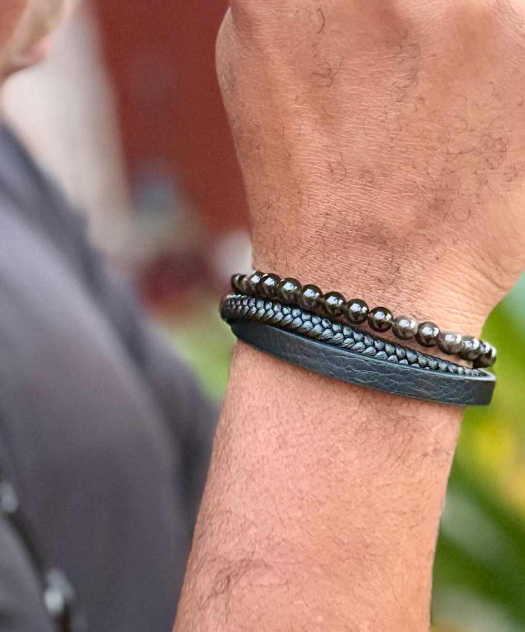 Silver Obsidian Leather Bracelet