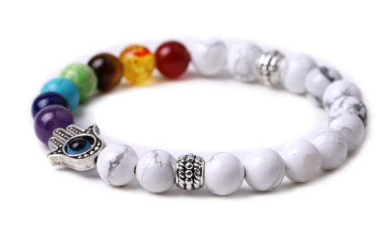 7 Chakra Howlite and Hamsa/Evil Eye Bead Bracelet