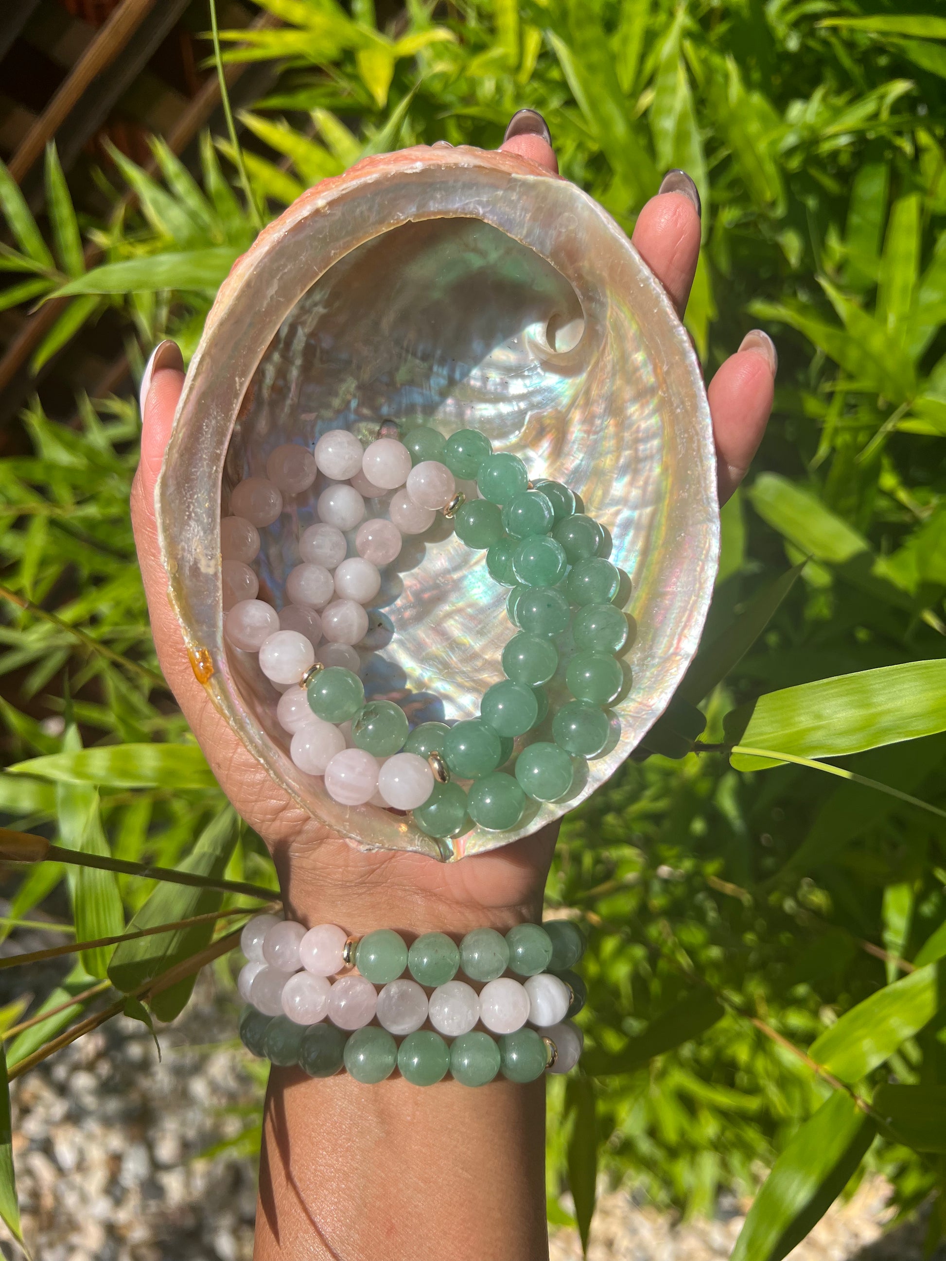 Rose Quartz Green Aventurine Bead Bracelet Balance and Gravity