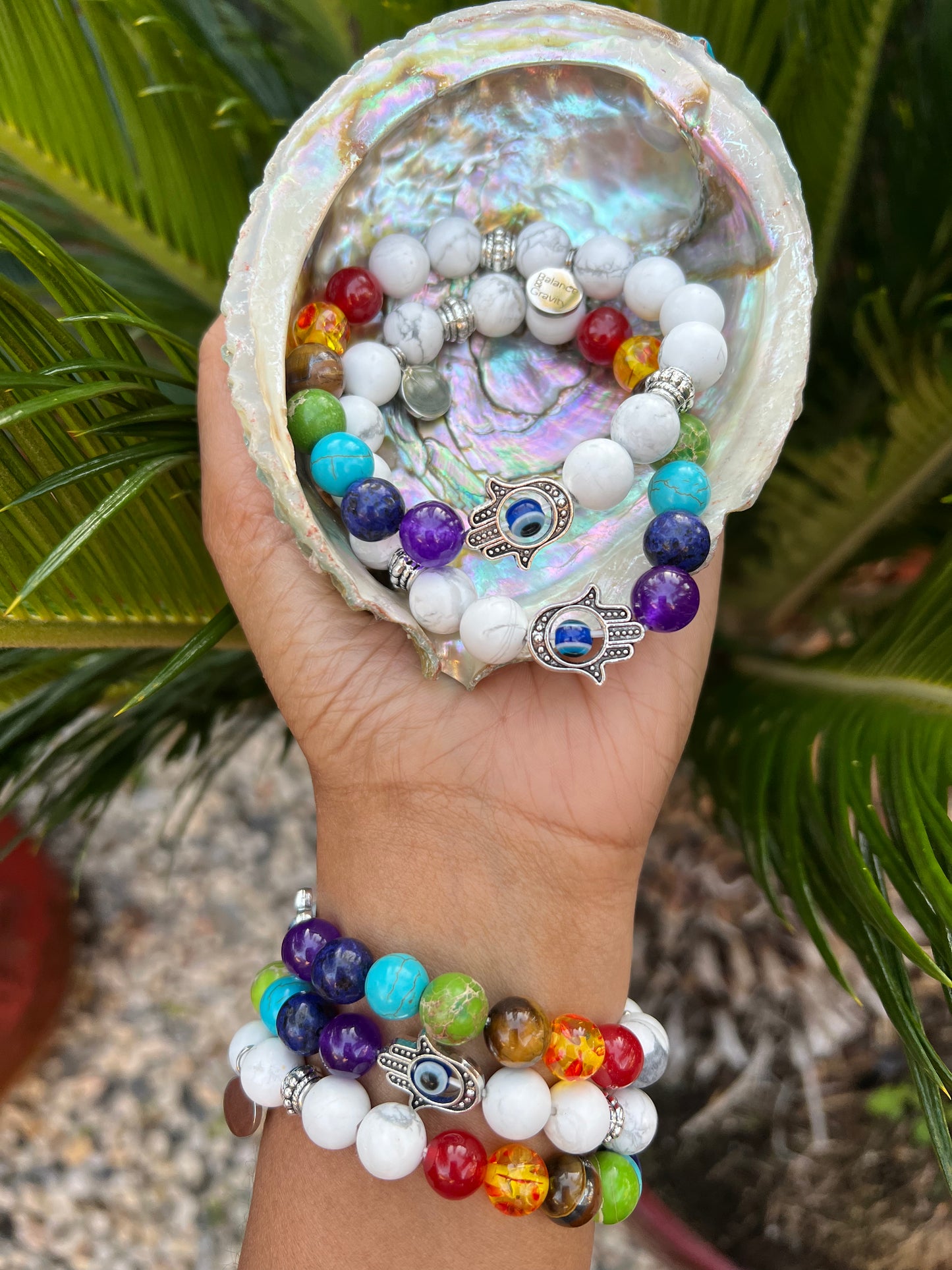 7 Chakra Howlite and Hamsa/Evil Eye Bead Bracelet