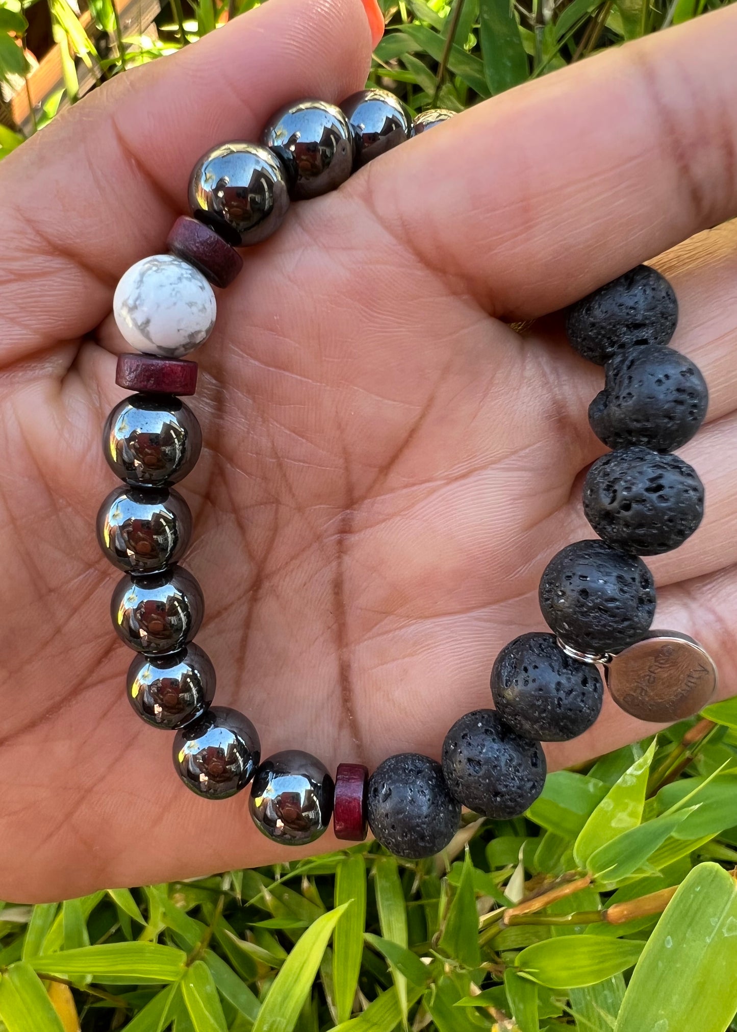 Hematite Lava with Howlite Bead and Red Wood